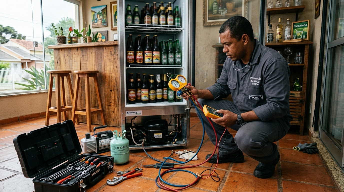 Profissional executando reparo no motor de cervejeira no Centro, Juiz de Fora‑MG