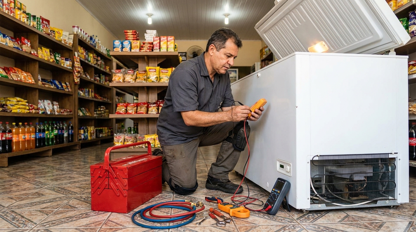 Recarga de gás refrigerante no freezer durante atendimento em Juiz de Fora‑MG