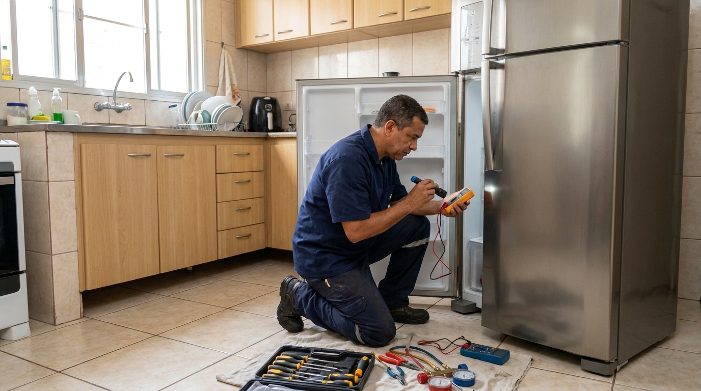 Técnico aplicando recarga de gás refrigerante em geladeira em Juiz de Fora‑MG